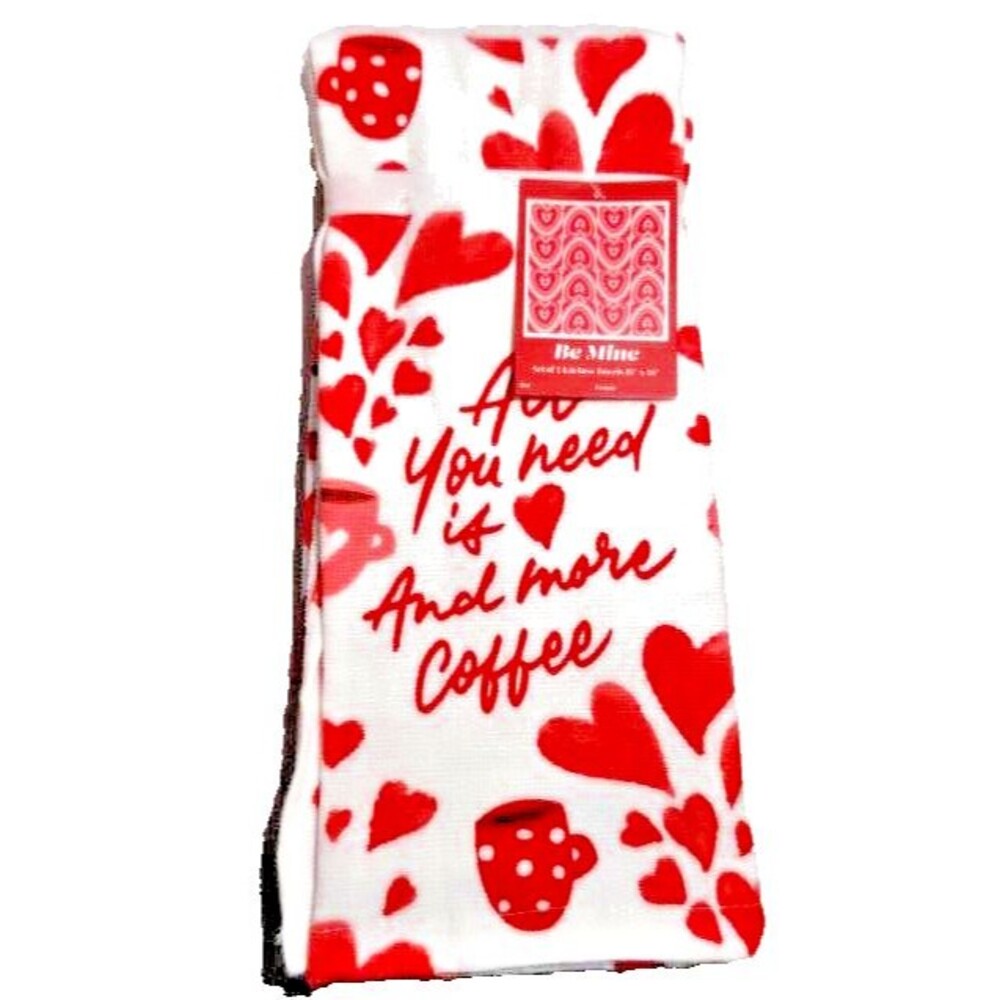 All You Need is Love and Coffee Kitchen Towels 2-piece Pink Hearts on White NWT